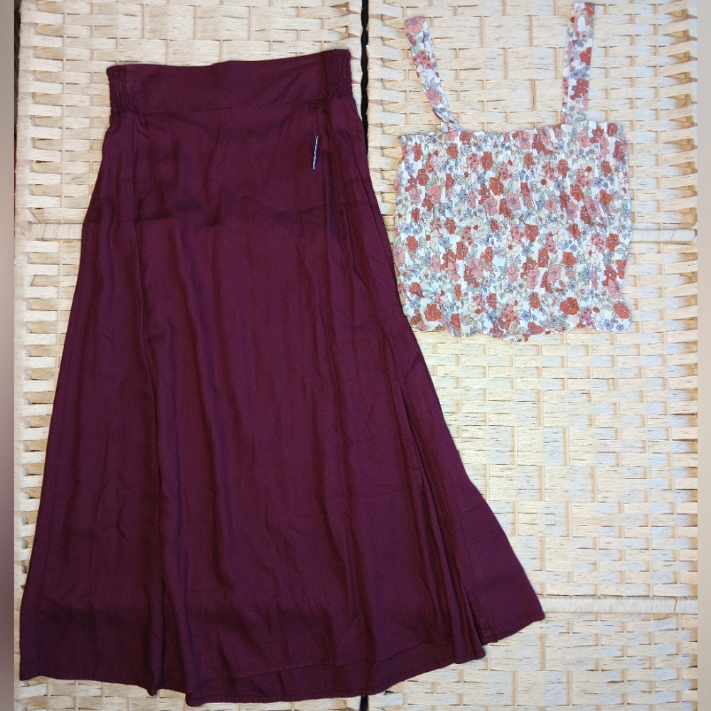 Top & Skirt | Scrunchy Floral Sleeveless Top & Rayon Midi Skirt With Slit